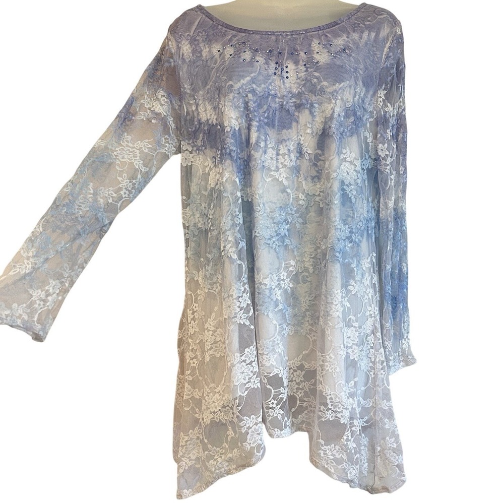 Cal Style Y2K Fairy Blouse Sz L Lace Overlay Rhinestone Hippie Tunic Made in USA